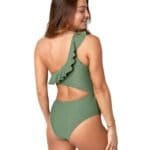 Groen Badpak One Shoulder leger groene dames badbakken open buik ruches trendy fashion bikinis badpakken kopen bestellen achter-Photoroom