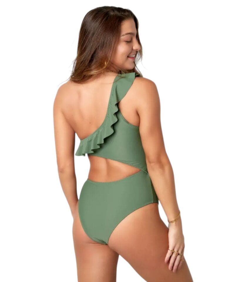 Groen Badpak One Shoulder leger groene dames badbakken open buik ruches trendy fashion bikinis badpakken kopen bestellen achter-Photoroom