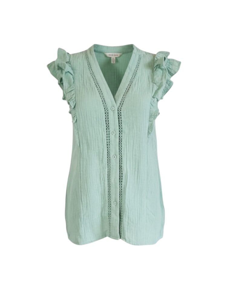 Groene Katoenen Blouse Emma g1roen trendy dames blousen v hals gehaakt deel rusches mouwloos kleding kopen bestellen-Photoroom