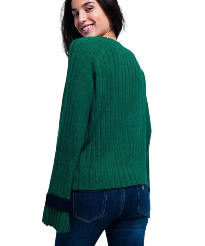 Groene-Trui-Billy -groen groene-dames-truien-kabel-gebreid-met-wijde-mouwen-en-streep-fashion-sweaters-online-kopen-warme truien achter-Photoroom