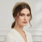 Haarband DIadeem-Gold-& Pearls-goud gouden-haarbanden-dames-haarbandeaux-haarband-diademen-witte strassteentjes-strass-stenen-glanstenen-party-kopen-bestellen-model