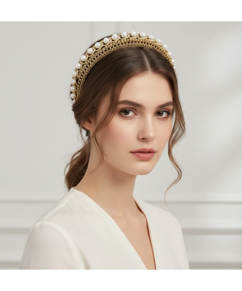 Haarband DIadeem-Gold-& Pearls-goud gouden-haarbanden-dames-haarbandeaux-haarband-diademen-witte strassteentjes-strass-stenen-glanstenen-party-kopen-bestellen-model