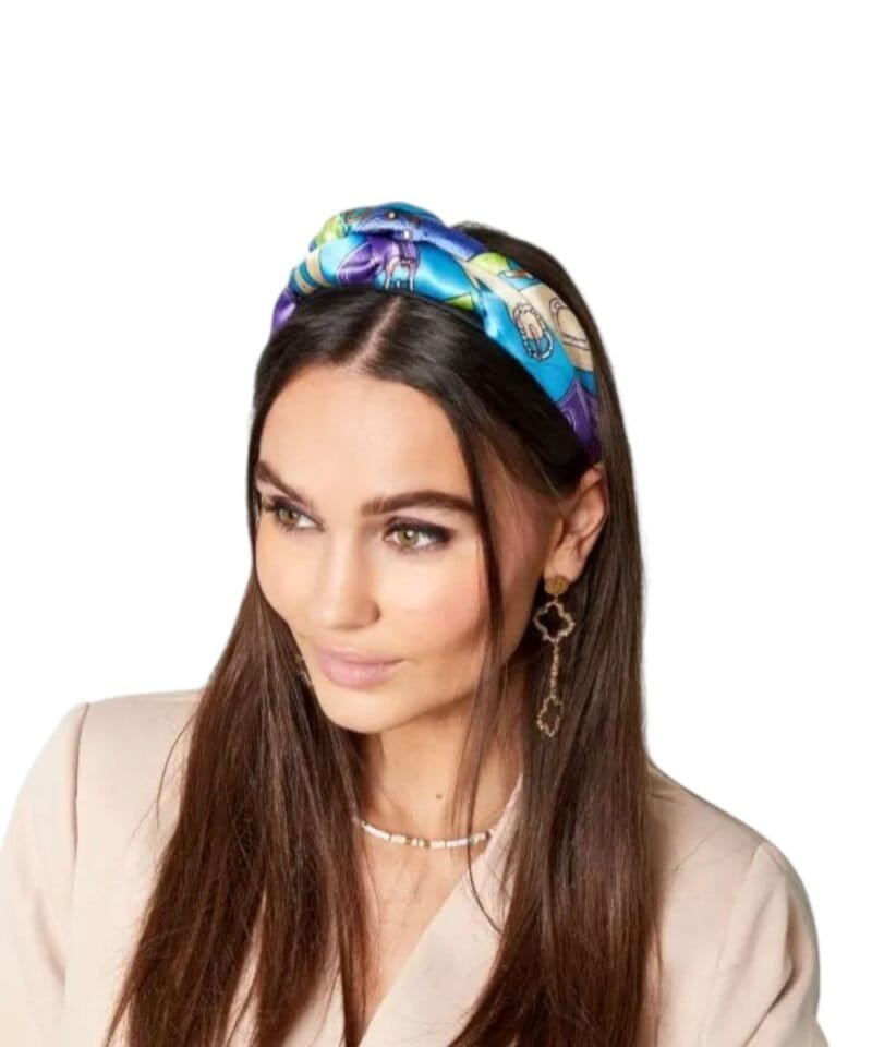 Haarband Diadeem Spring blauwe blauw kleurrijke multi print gekleurde haarbanden diademen dames haaraccessoires kopen bestellen model-Photoroom