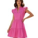 Jurk-Ruches-fuchsia-roze-dames-jurken-v-hals-ruches-op-de-arm-zomer-summer-dresses-korte-mouwen-kleding-fashion-yehwang-kopen-bestellen-model-Photoroom