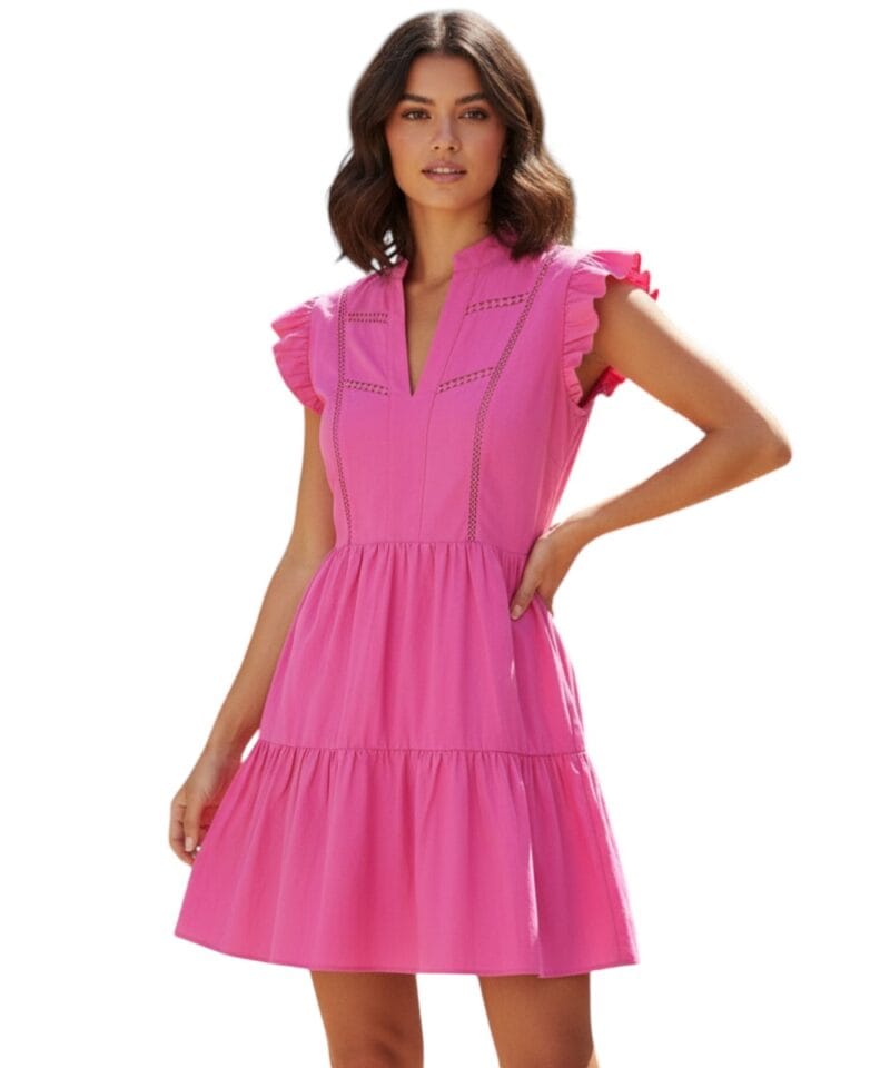 Jurk-Ruches-fuchsia-roze-dames-jurken-v-hals-ruches-op-de-arm-zomer-summer-dresses-korte-mouwen-kleding-fashion-yehwang-kopen-bestellen-model-Photoroom