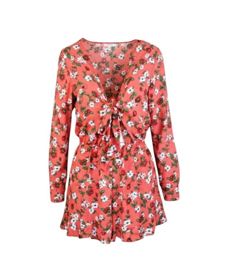 Koraal Jumpsuit Happy Flowers koraal met bloemenprint playsuit-broekpakje-playsuit strik detail-sexy-festival-kleding-fashion--Photoroom