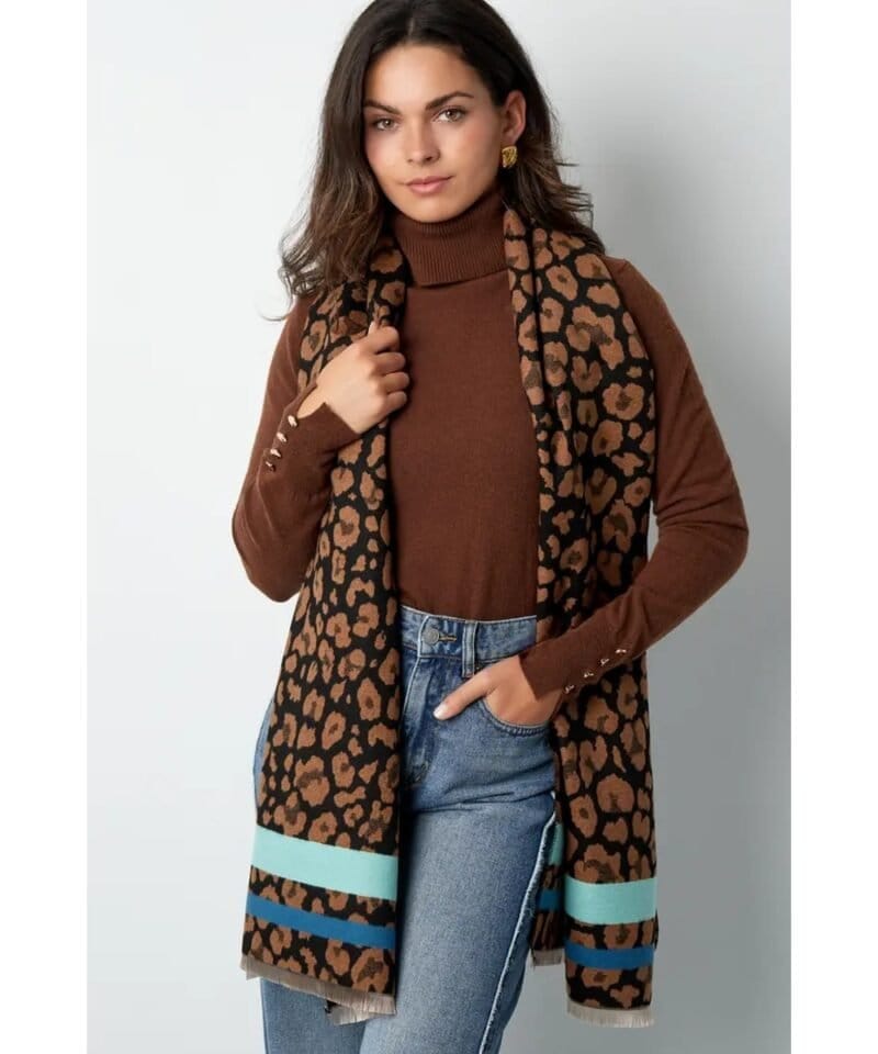 Leopard Sjaal Gekleurde Strepen camel zwarte Panter Sjaal met blauwe Strepen unieke sjaals kopen bestellen yehwang model1