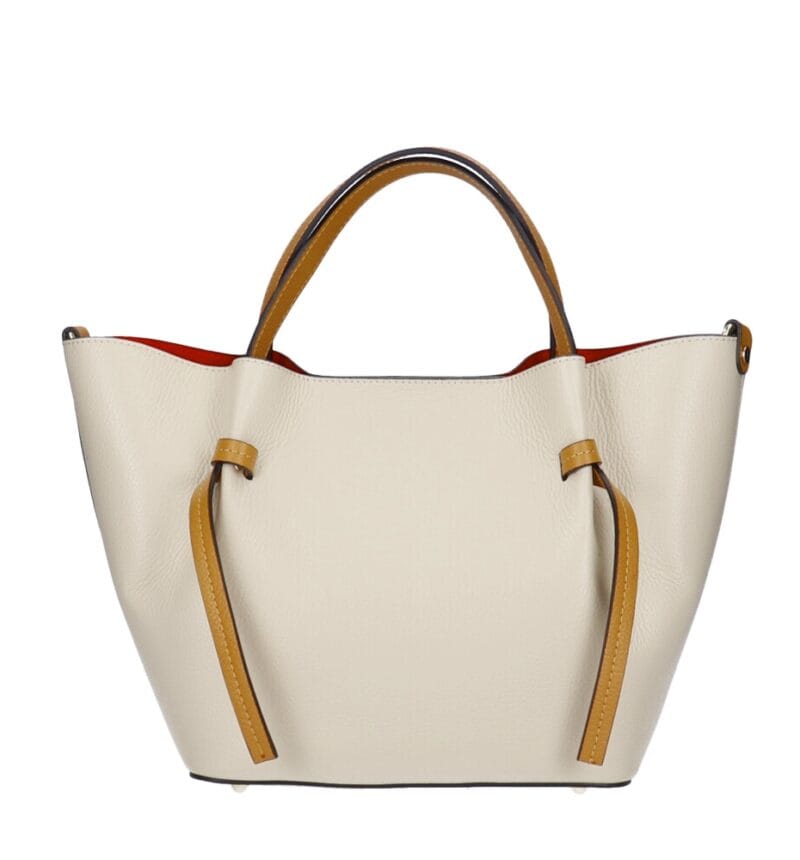 Leren Handtas Brenda beige met cognac hengsel en details rode voering extra binnentas bag in bag leder chic kantoortassen kopen