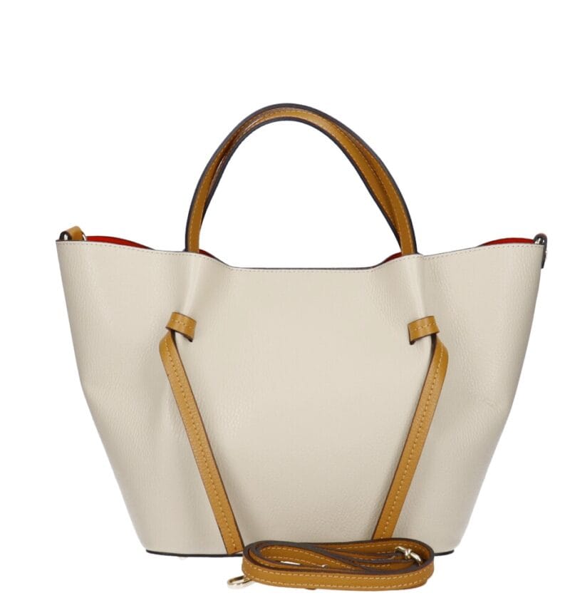 Leren Handtas Brenda beige met cognac hengsel en details rode voering extra binnentas bag in bag leder chic kantoortassen kopen achterkant