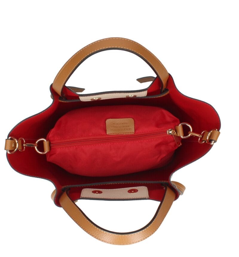 Leren Handtas Brenda beige met cognac hengsel en details rode voering extra binnentas bag in bag leder chic kantoortassen kopen binnenkant