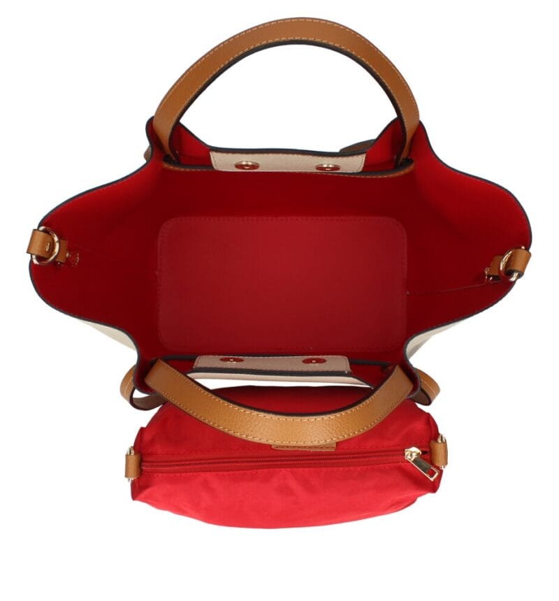 Leren Handtas Brenda beige met cognac hengsel en details rode voering extra binnentas bag in bag leder chic kantoortassen kopen detail