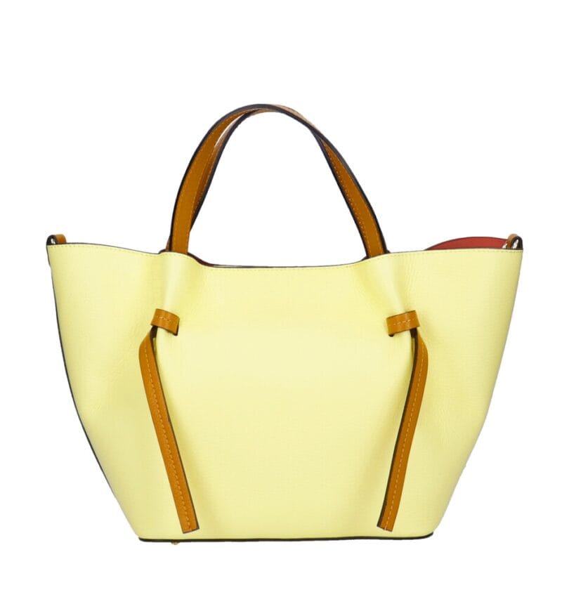 Leren Handtas Brenda citroengeel geel lichtgele met cognac hengsel en details rode voering extra binnentas bag in bag leder chic kantoortassen kopen