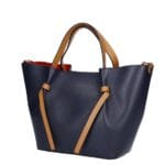 Leren Handtas Brenda donkerblauw blauwe navy met cognac hengsel en details rode voering extra binnentas bag in bag leder chic kantoortassen kopen zij