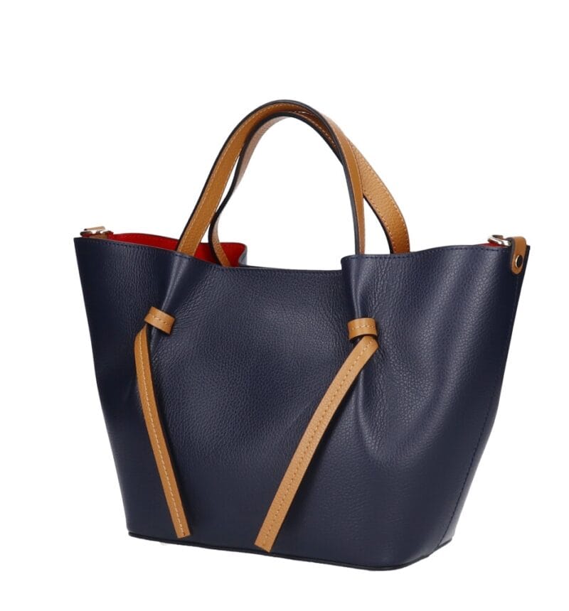Leren Handtas Brenda donkerblauw blauwe navy met cognac hengsel en details rode voering extra binnentas bag in bag leder chic kantoortassen kopen zij