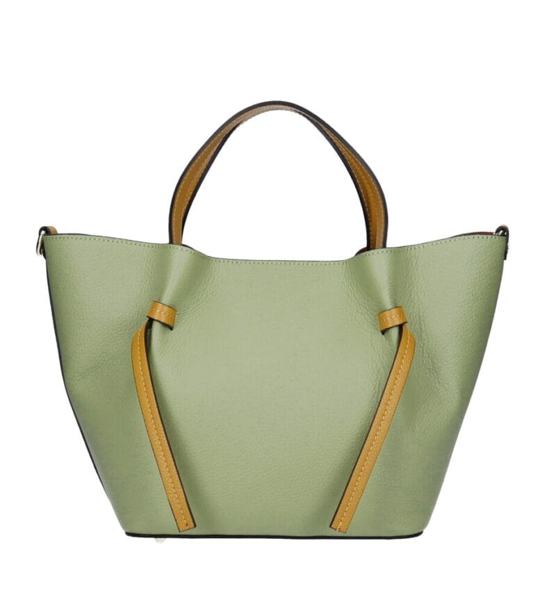 Leren Handtas Brenda matchagroen groene met cognac hengsel en details rode voering extra binnentas bag in bag leder chic kantoortassen kopen