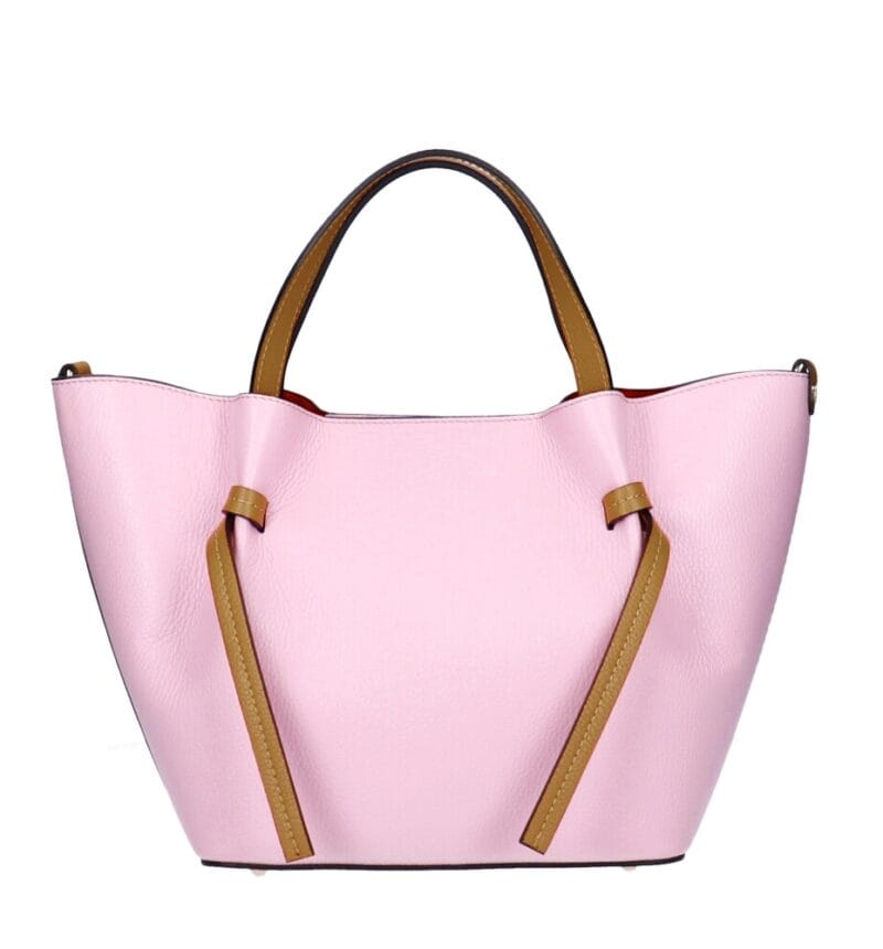 Leren Handtas Brenda snoeproze lichtroze roze met cognac hengsel en details rode voering extra binnentas bag in bag leder chic kantoortassen kopen
