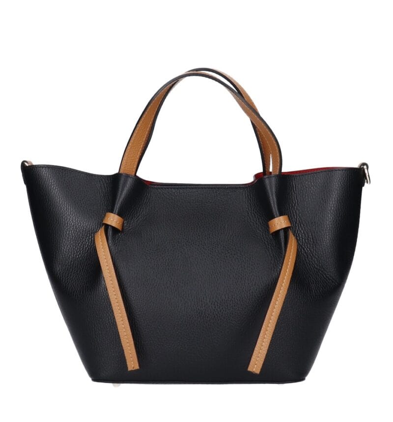 Leren Handtas Brenda zwart zwarte met cognac hengsel en details rode voering extra binnentas bag in bag leder chic kantoortassen kopen