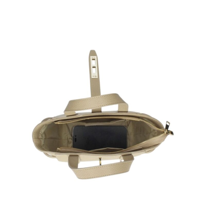 Leren Handtas Calista taupe stevige kleine trendy leer schoudertassen goud beslag chique kopen bestellen open1-Photoroom