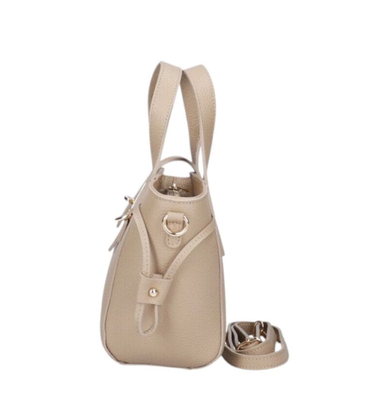 Leren Handtas Calista taupe stevige kleine trendy leer schoudertassen goud beslag chique kopen bestellen zijkant-Photoroom
