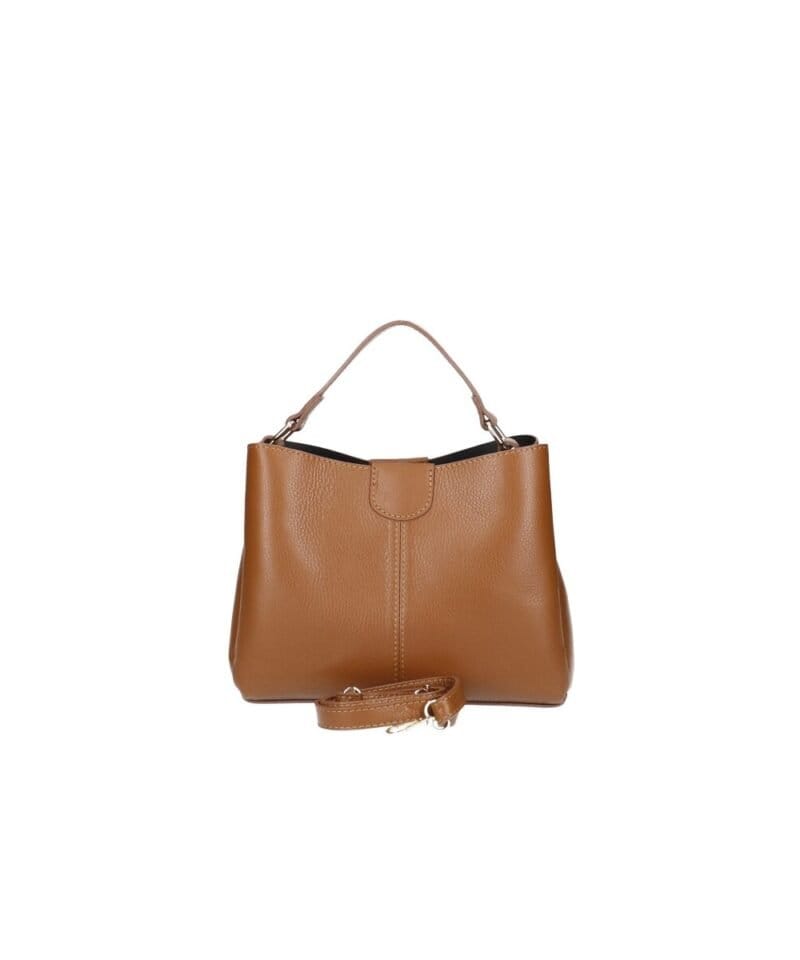 Leren Handtas Clelia donker cognac stevige chique leer handtassen schoudertassen zilver beslag dames tassen kopen bestellen achterkant