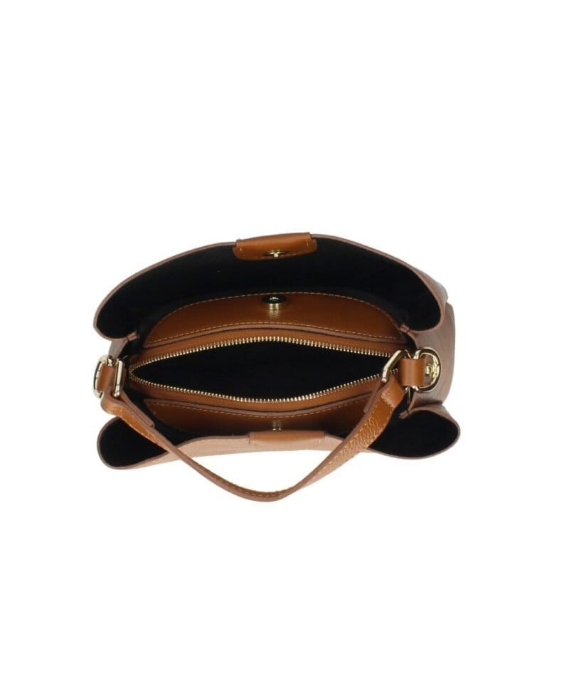 Leren Handtas Clelia donker cognac stevige chique leer handtassen schoudertassen zilver beslag dames tassen kopen bestellen binnenkant