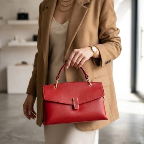 Leren Handtas Fulvia rood rode kleine leren handtas flap goud beslag lang hengsel dames italiaans chique model