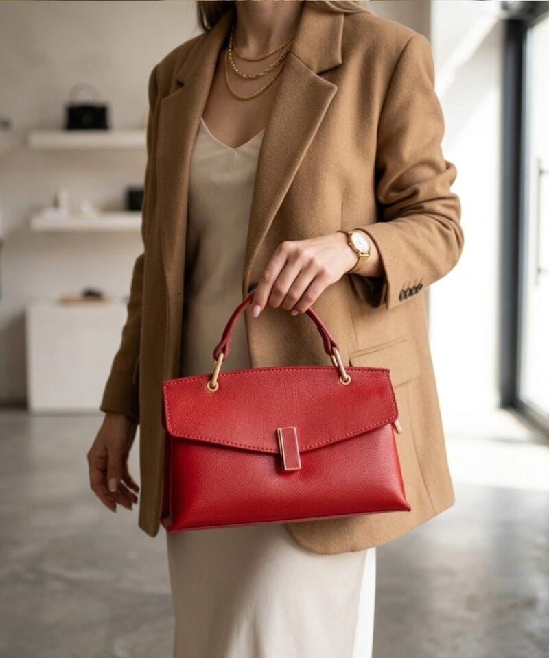 Leren Handtas Onda rood rode kleine leren handtas flap goud beslag lang hengsel dames italiaans chique model