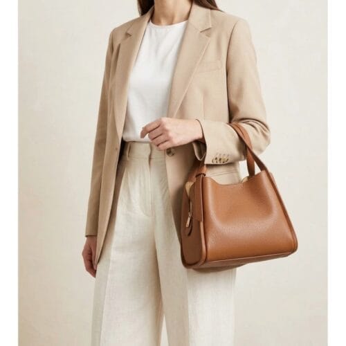 Leren Handtas Guenda donker cognac drie vaks goud beslag trendy chique handtassen schoudertassen italiaans leer kopen bestellen model1
