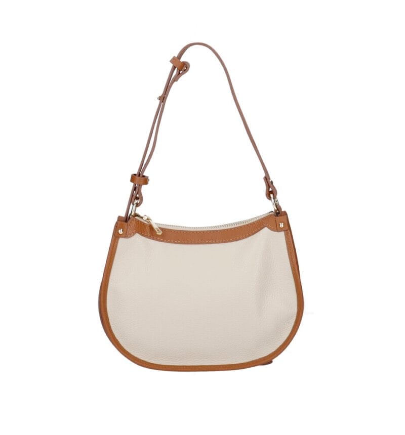 Leren Handtas Nuccia beige half ronde schoudertas cognac hengsels details chique trendy dames tassen leer kopen