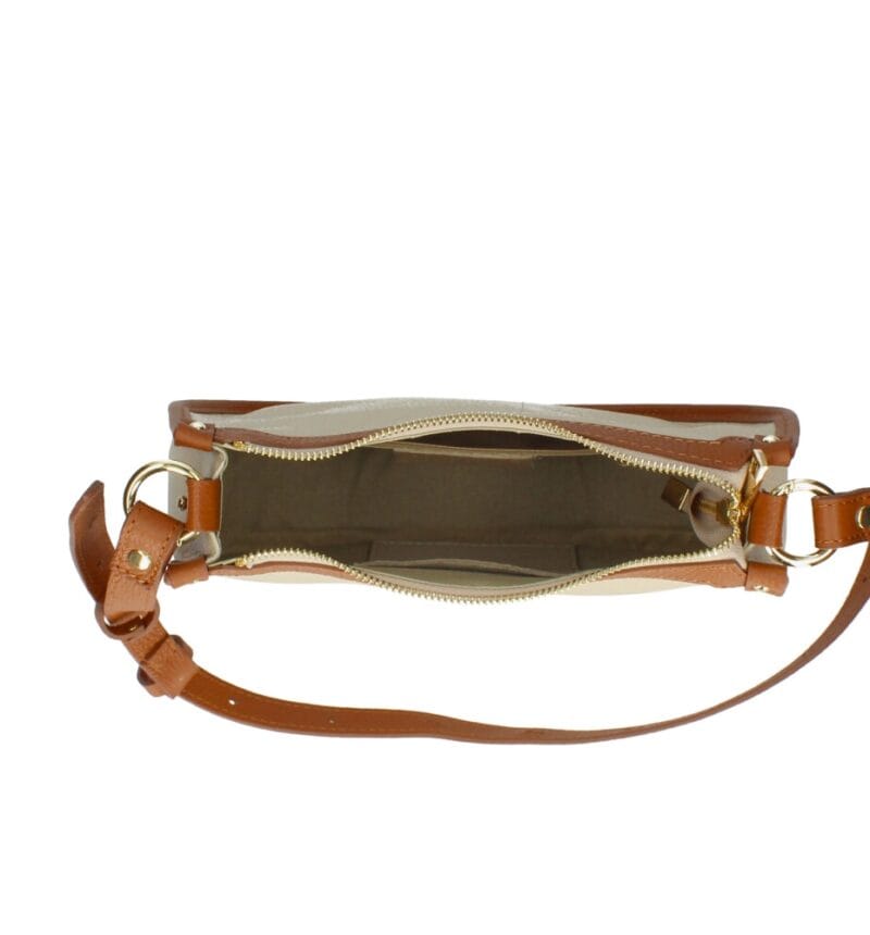 Leren Handtas Nuccia beige half ronde schoudertas cognac hengsels details chique trendy dames tassen leer kopen binnenkant