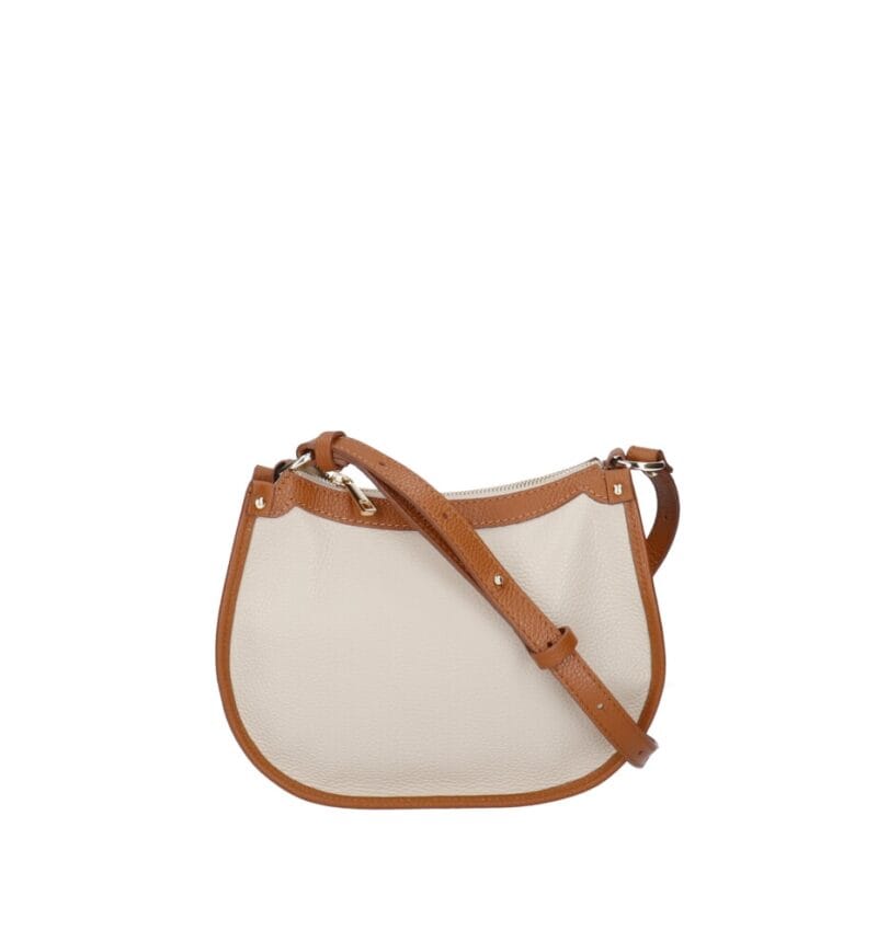 Leren Handtas Nuccia beige half ronde schoudertas cognac hengsels details chique trendy dames tassen leer kopen detail