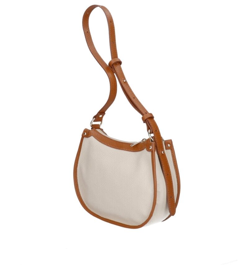 Leren Handtas Nuccia beige half ronde schoudertas cognac hengsels details chique trendy dames tassen leer kopen details