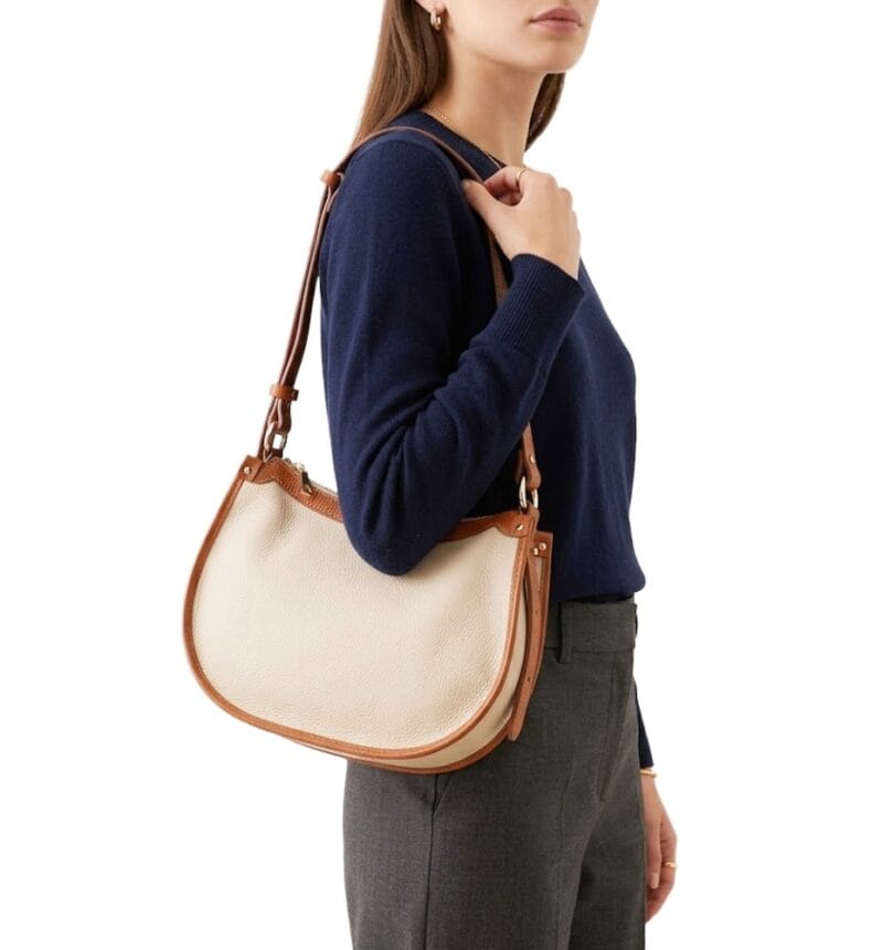 Leren Handtas Nuccia beige half ronde schoudertas cognac hengsels details chique trendy dames tassen leer kopen model