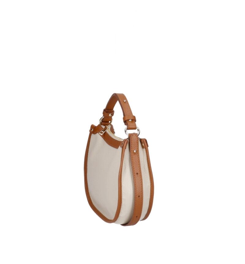 Leren Handtas Nuccia beige half ronde schoudertas cognac hengsels details chique trendy dames tassen leer kopen zijkant