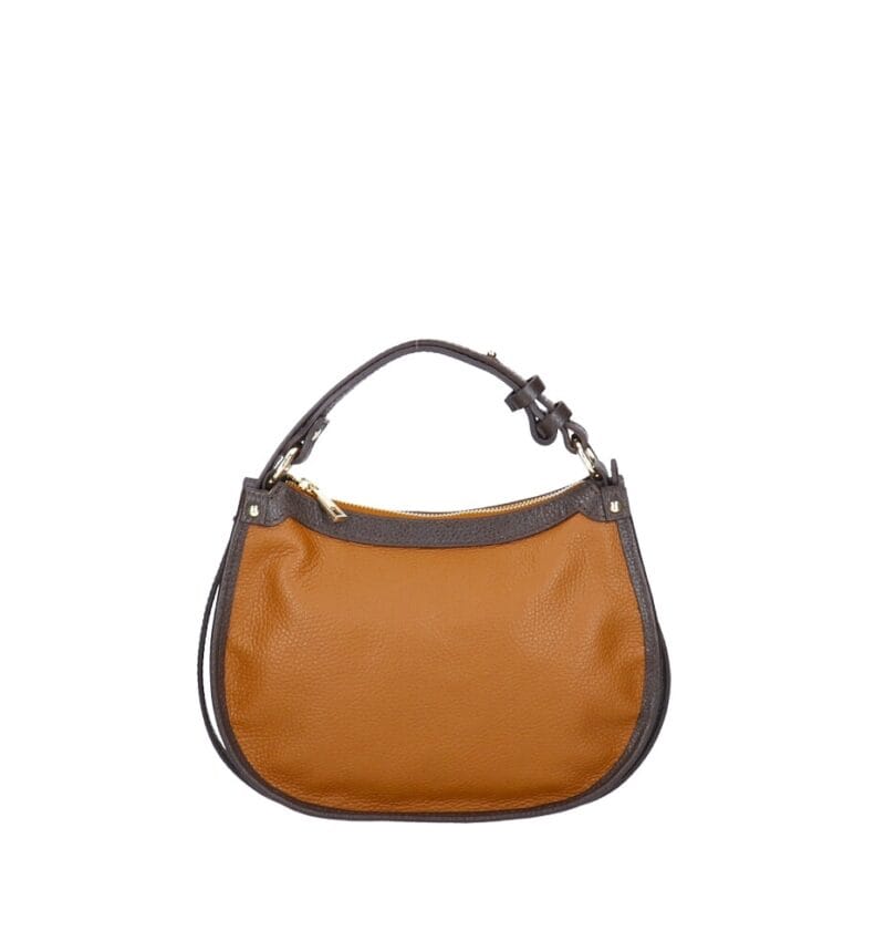 Leren Handtas Nuccia cognac half ronde schoudertas donker bruin hengsels details chique trendy dames tassen leer kopen