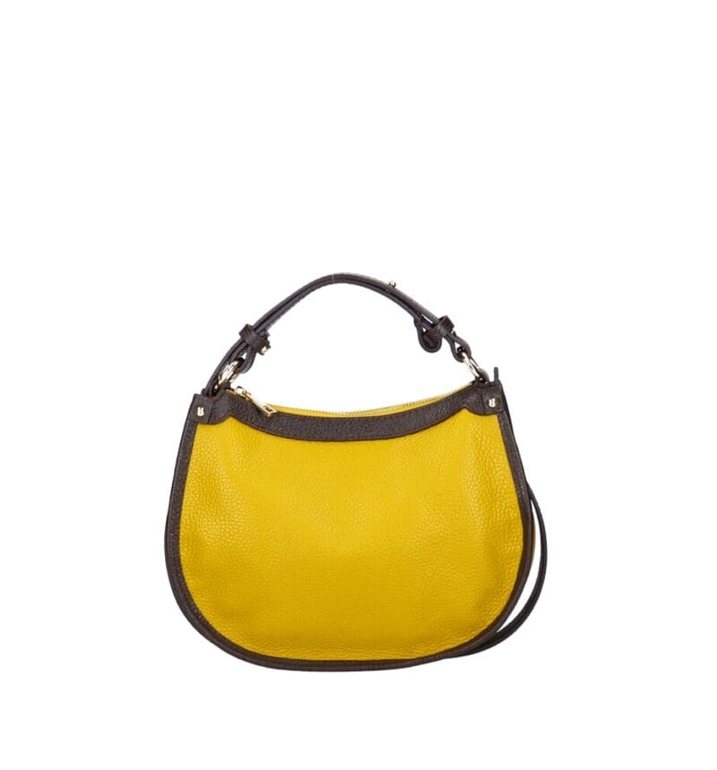 Leren Handtas Nuccia geel gele half ronde schoudertas donker bruin hengsels details chique trendy dames tassen leer kopen