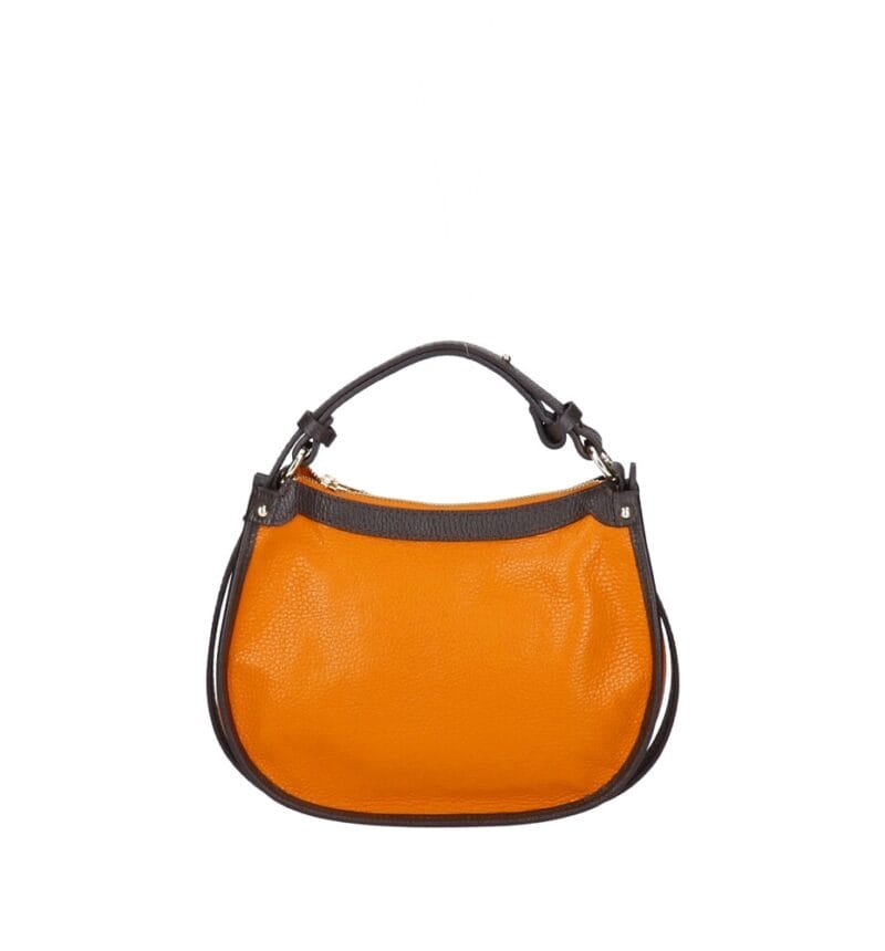 Leren Handtas Nuccia oranje half ronde schoudertas donker bruin hengsels details chique trendy dames tassen leer kopen