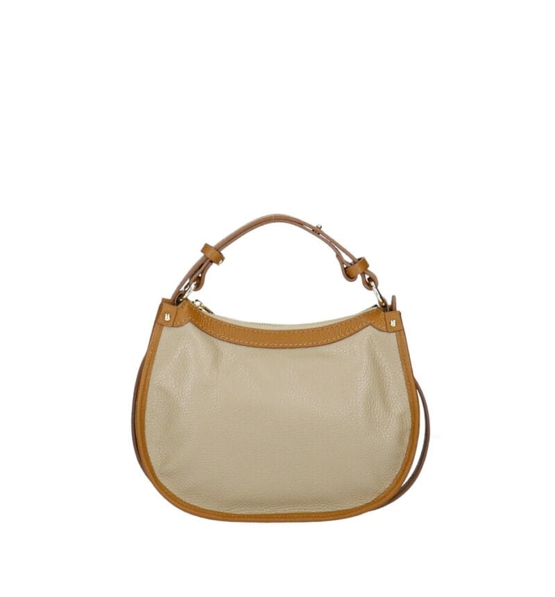 Leren Handtas Nuccia taupe half ronde schoudertas cognac hengsels details chique trendy dames tassen leer kopen