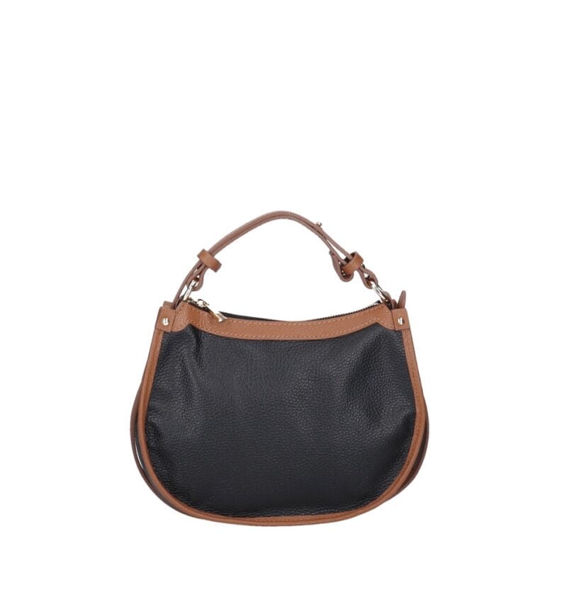 Leren Handtas Nuccia zwart zwarte half ronde schoudertas cognac hengsels details chique trendy dames tassen leer kopen