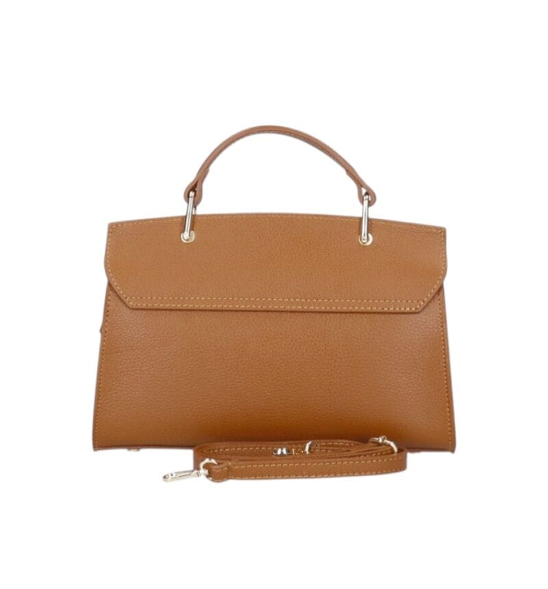 Leren Handtas Onda cognac leren handtas flap goud beslag lang hengsel dames italiaans chique achterkant-Photoroom