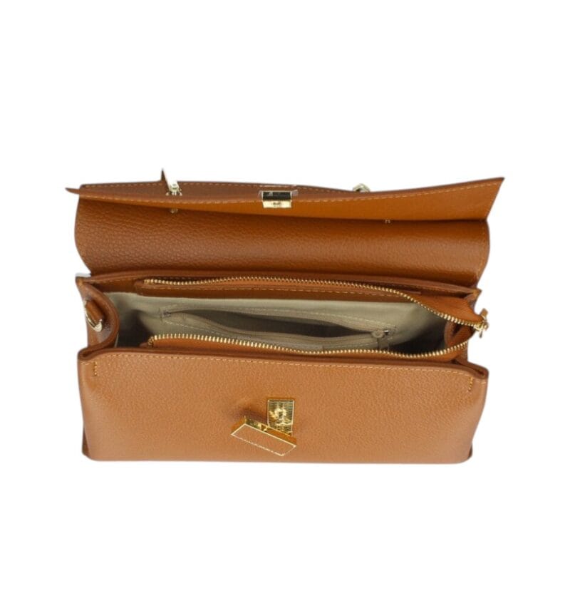 Leren Handtas Onda cognac leren handtas flap goud beslag lang hengsel dames italiaans chique binnenkant 1-Photoroom