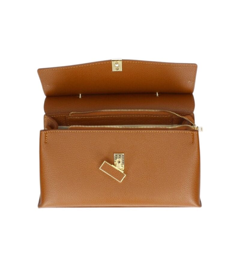Leren Handtas Onda cognac leren handtas flap goud beslag lang hengsel dames italiaans chique binnenkant -Photoroom