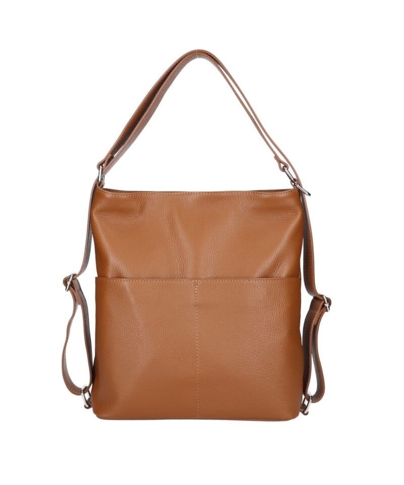 Leren Rugtas Leda donker cognac ruime leer rugtassen rugzak zilver beslag meervaks dames kopen bestellen achter voorvakken