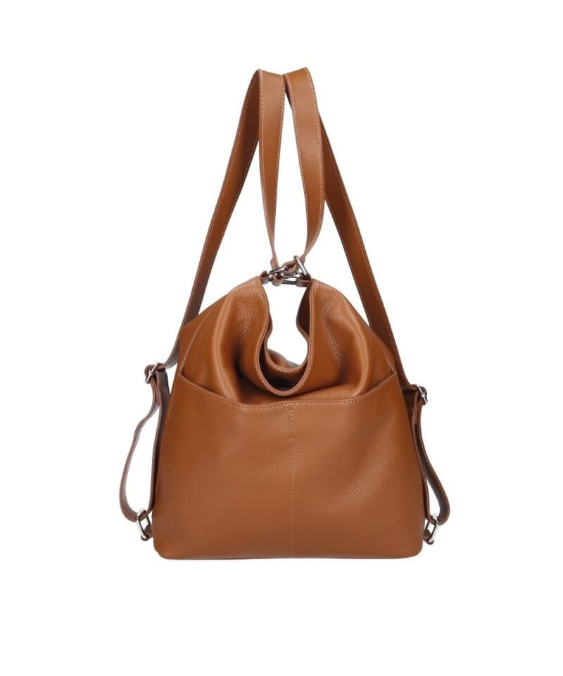 Leren Rugtas Leda donker cognac ruime leer rugtassen rugzak zilver beslag meervaks dames kopen bestellen verstelbaar