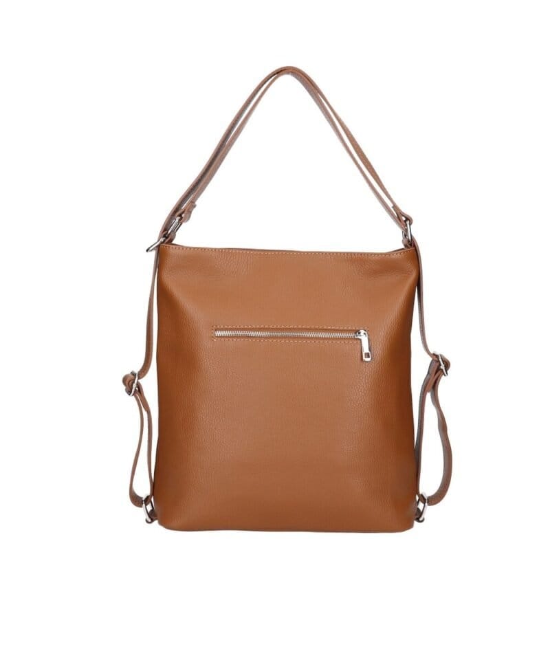 Leren Rugtas Leda donker cognac ruime leer rugtassen rugzak zilver beslag meervaks dames kopen bestellen verstelbaar achterkant