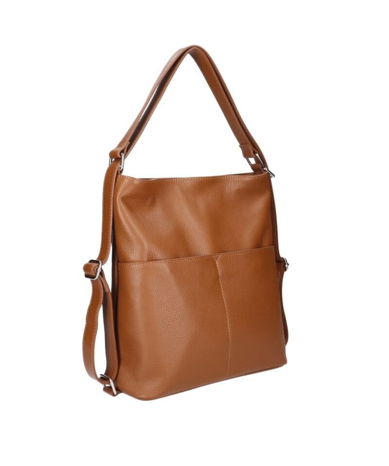 Leren Rugtas Leda donker cognac ruime leer rugtassen rugzak zilver beslag meervaks dames kopen bestellen verstelbaar voorvakken zijkant