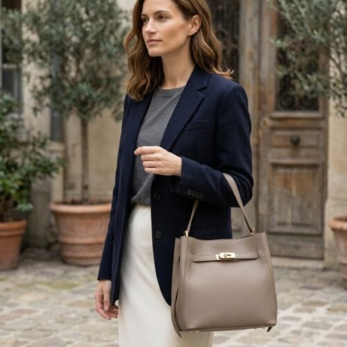 Leren Schoudertas Effie taupe stevig Bag in Bag losse etui gouden draaislot twee hengsels italiaans leer dames tassen kopen bestellen model 1