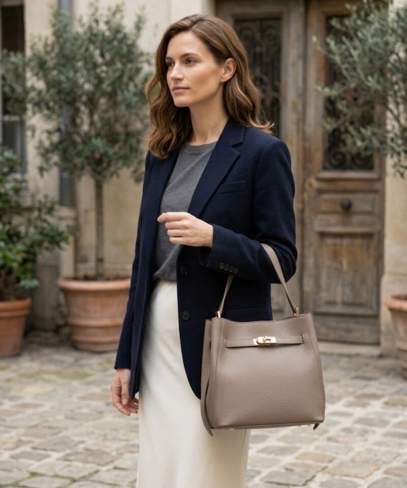 Leren Schoudertas Effie taupe stevig Bag in Bag losse etui gouden draaislot twee hengsels italiaans leer dames tassen kopen bestellen model 1