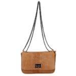 Leren Schoudertas Eva Snake cognac trendy leren schoudertas slangenprint donker metalen kettinghengsel kopen bestellen
