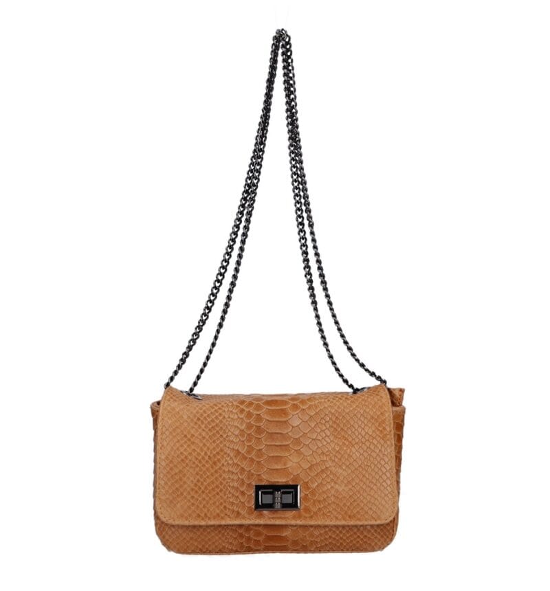 Leren Schoudertas Eva Snake cognac trendy leren schoudertas slangenprint donker metalen kettinghengsel kopen bestellen